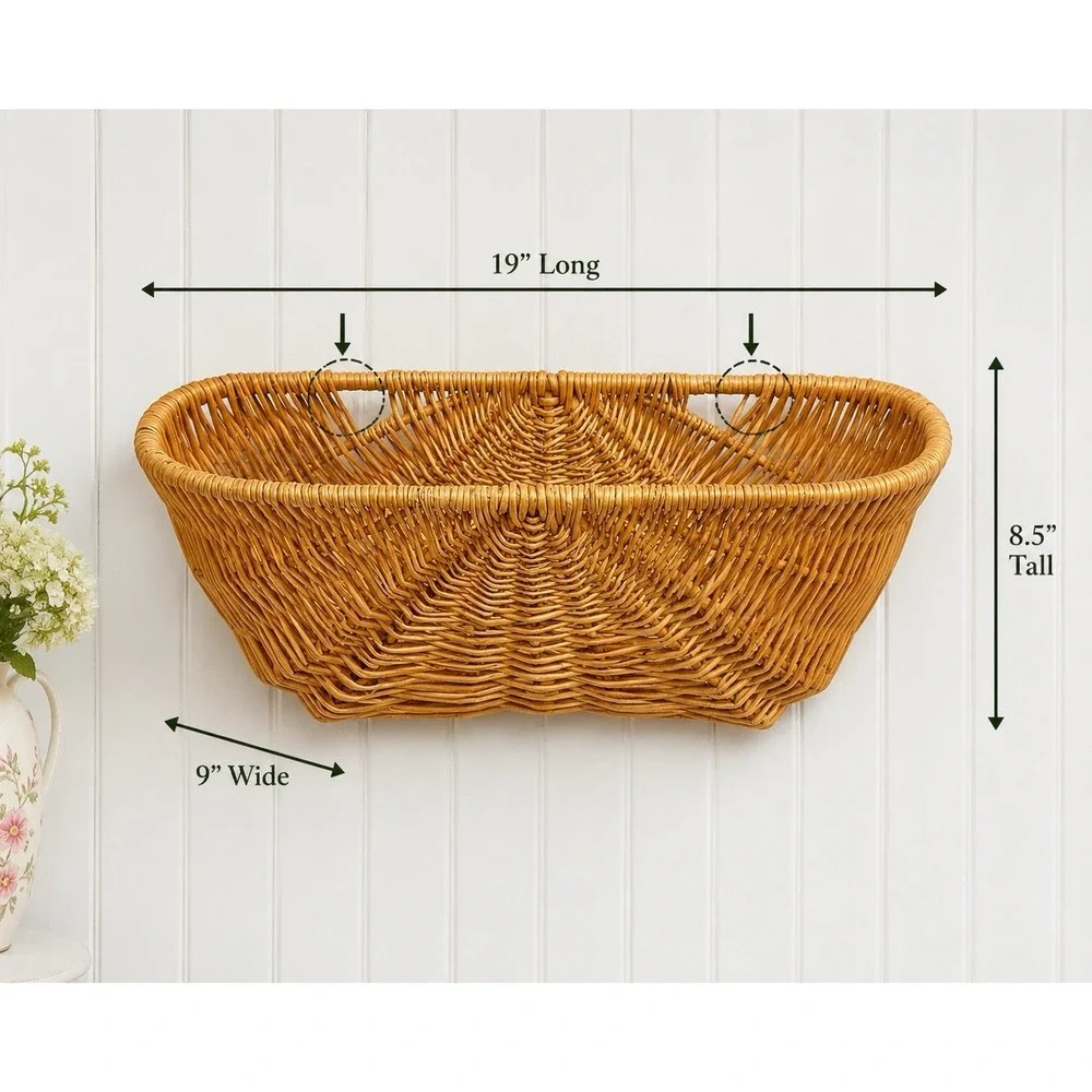 Vintage Wicker Wall Pocket Basket Hanging Cottagecore Boho Floral Decor 19in